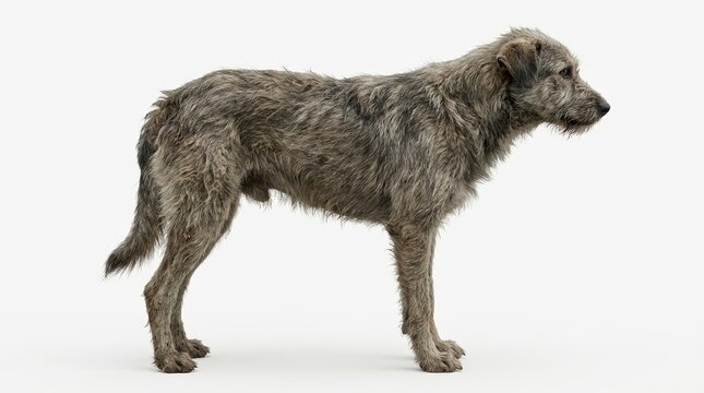 A scruffy, wire-haired hound dog, possibly an Irish Wolfhound or Scottish Deerhound type, stands attentively in a side profile on a clean white background. Realistic digital art.