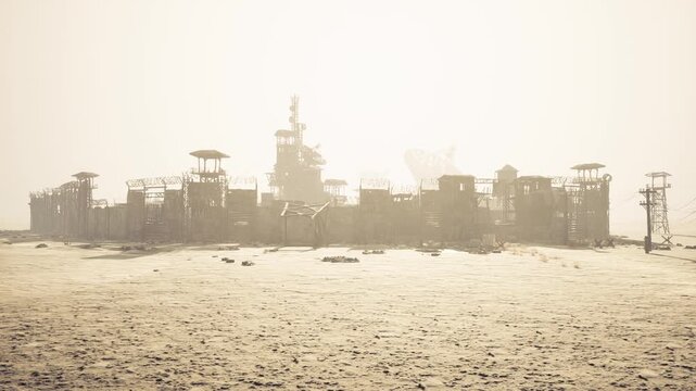 A large, abandoned building stands in a dry landscape, shrouded in a hazy atmosphere. The sun is faintly visible, casting a muted glow on the structure and surrounding sand.
