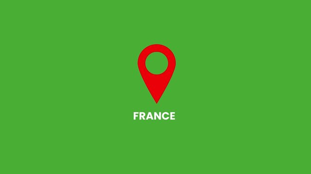 France Location Pin Icon Animation on Green Screen Background, Red 2D Flat Map Marker with France Text Chroma Key Motion Graphic