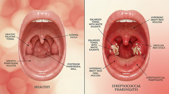 Healthy Pharynx Versus Streptococcal Pharyngitis Beefy Red Mucosa and Purulent Exudate