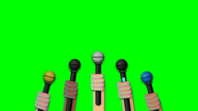 Several colorful microphones are held by diverse hands during a press conference event to gather important public statements from notable speakers representing many different sectors of global