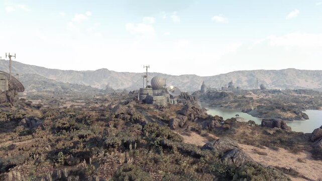 A remote research facility is nestled in a hilly terrain surrounded by dry bushes and rocky formations. A calm body of water reflects the clear sky, creating a serene atmosphere.