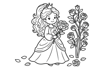Fototapeta premium A cute little princess wearing a crown and a beautiful dress standing next to a rose bush
