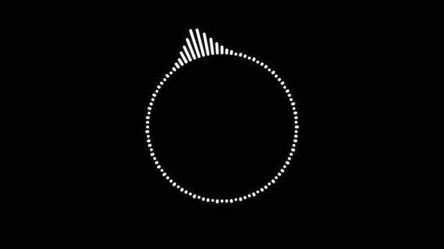 A circular sound frequency meter visualizes high energy audio signals through rhythmic pulsing white light bars pulsating rhythmically within a dark digital environment during active music