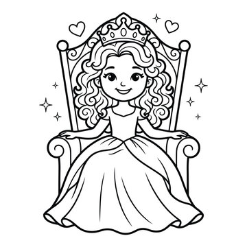 Cute little princess wearing a crown sitting on a royal throne for kids coloring book page