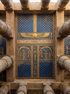 Ornate golden Egyptian temple door with hieroglyphs and blue lapis lazuli inlay under ancient stone archway