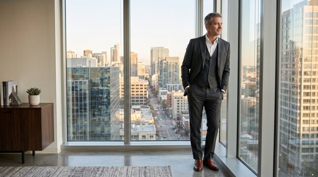 Relaxed man in a suit standing by the window in a modern office  
