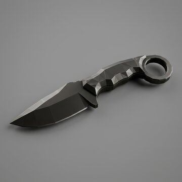 A sleek, black low poly tactical karambit knife with a faceted geometric design and finger ring, rendered against a minimalist grey background. AI generated.