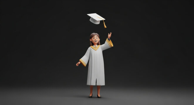 3D character throwing graduation cap in the air celebrating academic success and commencement