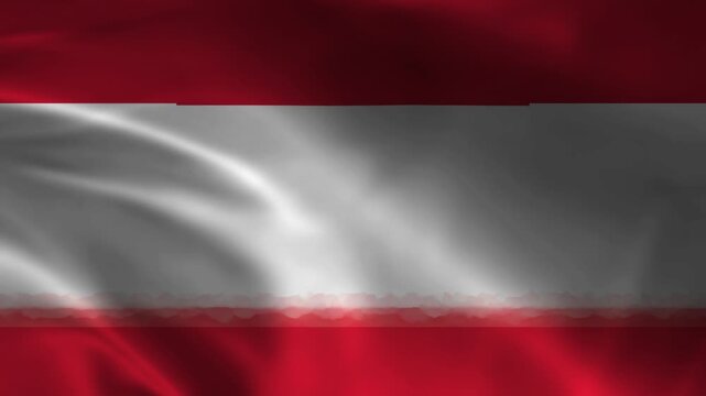 Glowing wavy Austrian flag with red white red horizontal stripes on dark background.