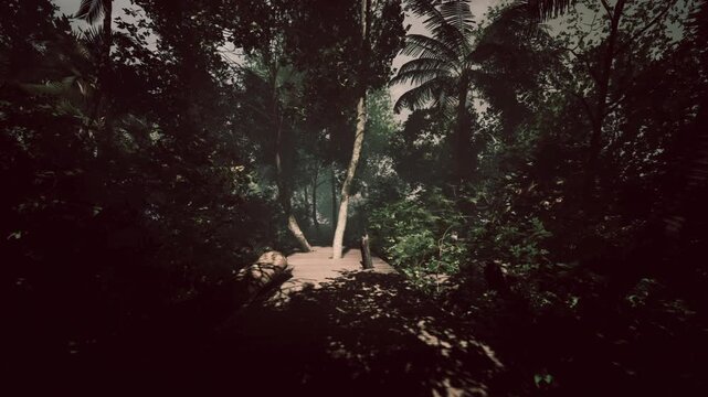 A tranquil forest path winds through vibrant foliage under bright daylight. Sunlight filters through the trees, creating a serene atmosphere in nature.