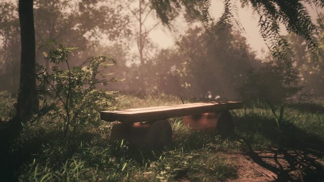 A rustic wooden bench sits quietly in a tranquil forest clearing surrounded by lush greenery and gentle sunlight filtering through the trees during early morning hours.