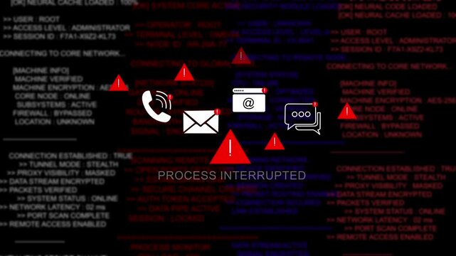 Cyber security breach alert featuring digital process interrupted warning sign with critical system error network vulnerability, data theft risk, and malicious software attack concept animation