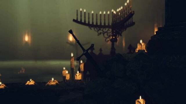 An ancient sword rests against a rocky surface surrounded by flickering candles. A grand altar with multiple candlesticks is illuminated in the background, creating an eerie atmosphere.
