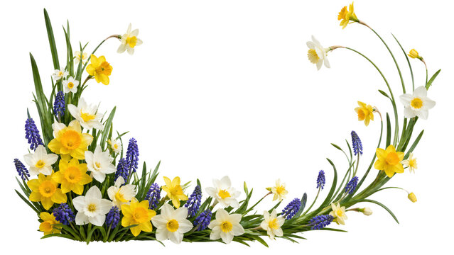 Daffodils and Grape Hyacinths Floral Border on Transparent Background