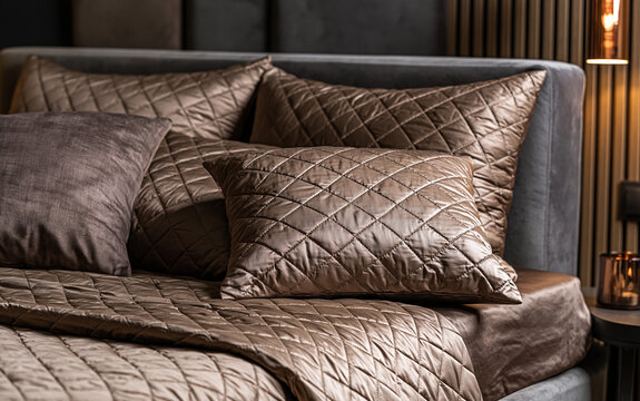 Elegant brown quilted bedsheets, matching pillows on luxury bed. Soft satin fabric texture in modern bedroom interior. Cozy bedding set for hotel room home decor. High quality textile provides