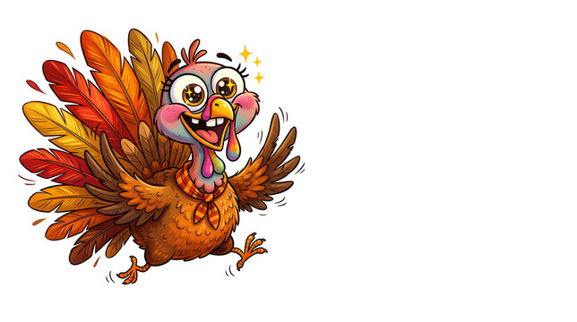 An irresistibly goofy cartoon autumn turkey with wild sparkling eyes, enormous crooked grin, puffed cheeks, tiny wings flailing in different directions, colorful red-orange-golden tail feathers flying