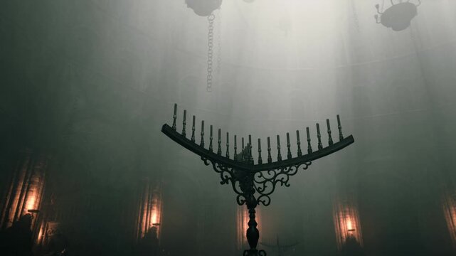 A tall candle holder stands in the center of a foggy room, illuminated by soft beams of light filtering through high ceilings. Wall sconces emit a faint glow, enhancing the eerie atmosphere.
