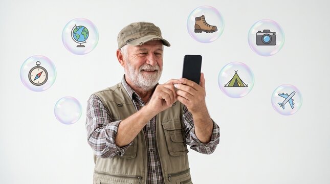 Active Elderly Man Planning Trip on Mobile Phone with Travel App Symbols on White background