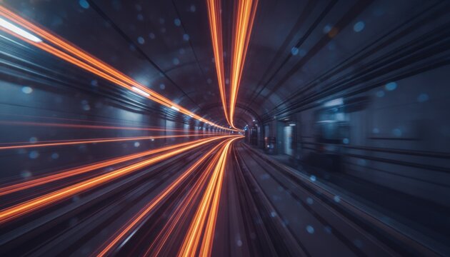 High Speed Light Trails in a Futuristic Subway Tunnel with Motion Blur and Orange Glow, concept of high-speed data transfer and digital connectivity