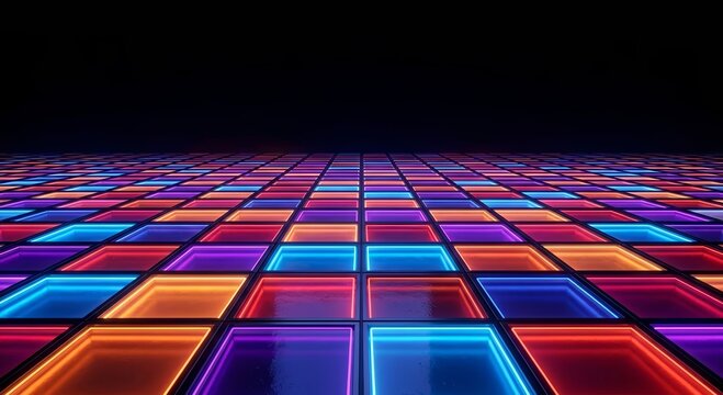 Piste de Danse Lumineuse N&eacute;on Color&eacute;e avec Carreaux Carr&eacute;s et Fond Sombre