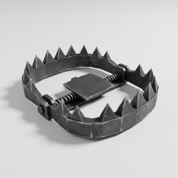 A dangerous open metal bear trap with sharp spikes, isolated on a clean white background. Symbolizes risk, danger, strategy, and unexpected challenges. 3D render.