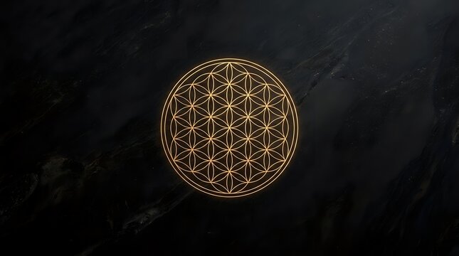 Golden geometric flower of life symbol on dark textured stone surface