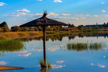 Traditional heather parasol in the flooded wetlands of Lagunas de Villafranca, Spain. © J.Moreno