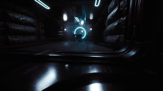 A futuristic corridor is illuminated by glowing blue lights. The shiny surfaces reflect the light, creating an atmosphere of advanced technology. It appears to be a space station or sci fi facility.