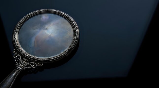 Ornate handheld mirror with decorative silver frame reflecting sky