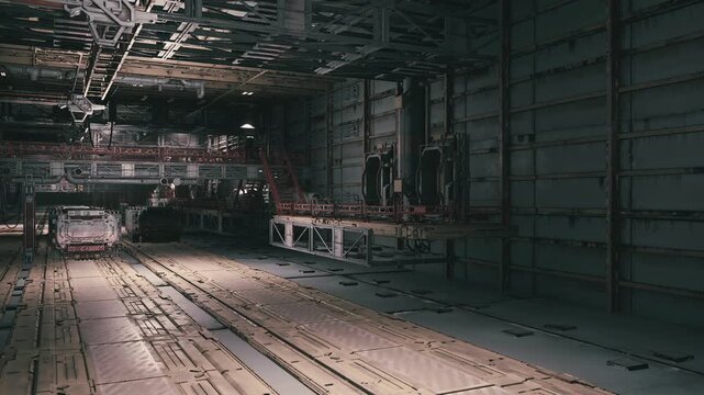 A vast industrial space features metal structures and equipment, illuminated by overhead lights. The floor has marked lanes leading to various machines, creating an organized layout.
