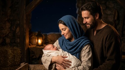 Obraz premium The Virgin Mary with the newborn infant Jesus and Joseph in a stable. Nativity scene (the Holy Family). Religious Christmas scene.