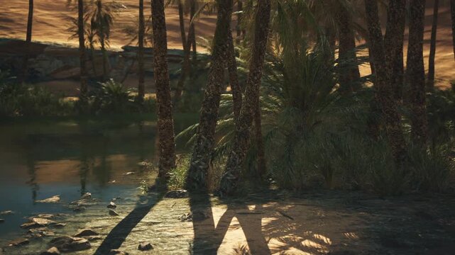 A tranquil desert oasis features lush palm trees and glistening water. The sun sets in the background, casting long shadows and creating a peaceful atmosphere.