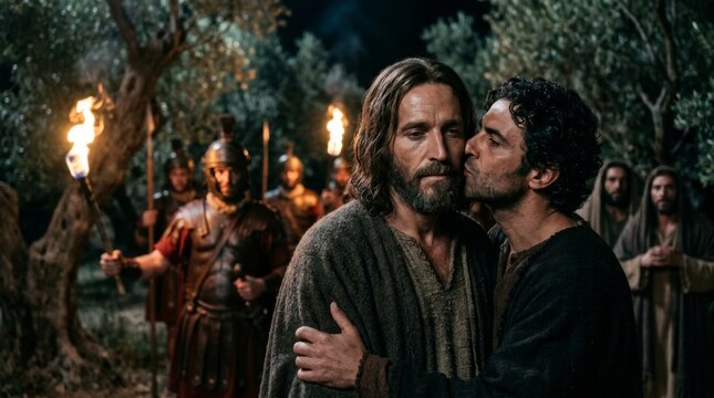 Judas Iscariot betraying Jesus Christ with kiss in Gethsemane garden at night. Biblical story of treason and arrest with Roman soldier. Christian Easter concept of passion and sacrifice.