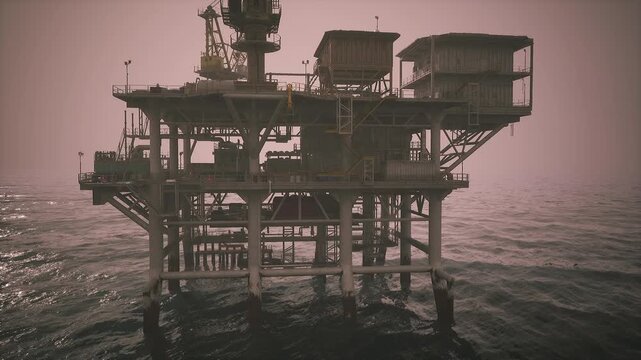 An oil rig stands tall in the ocean, surrounded by fog, as morning breaks. Equipment is positioned for ongoing operations amid the calm waters, highlighting the industrial landscape.
