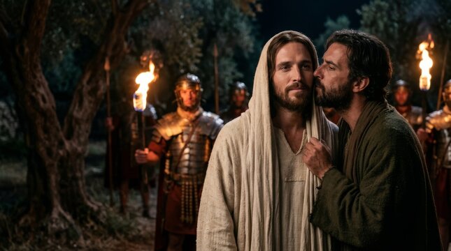 Judas Iscariot betraying Jesus Christ with kiss in Gethsemane garden at night. Biblical story of treason and arrest with Roman soldier. Christian Easter concept of passion and sacrifice.