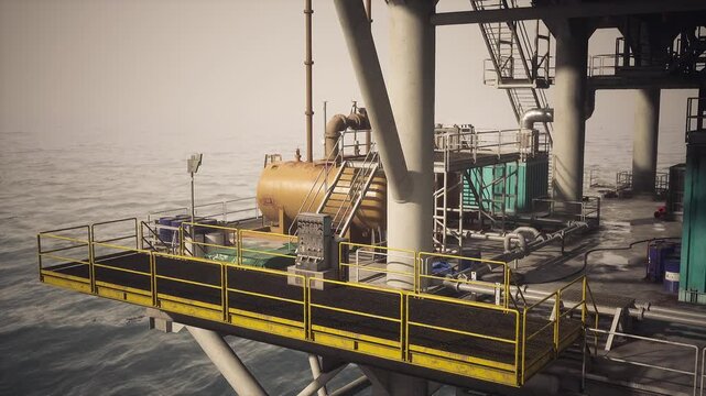 An oil rig stands tall above the water, featuring various equipment and structures for extraction. Bright sunlight illuminates the rig, showcasing its intricate design.