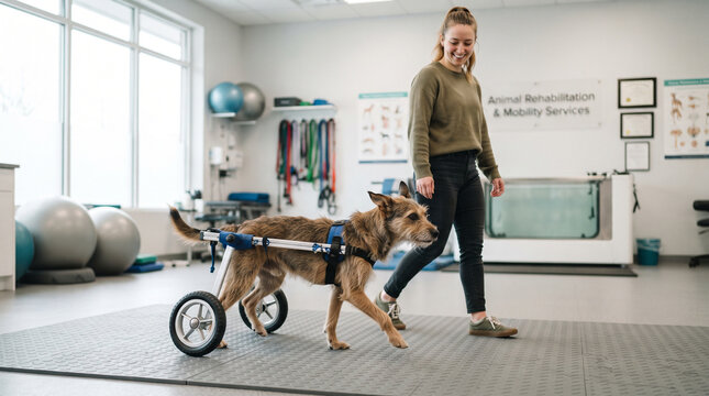 Dog Using Wheelchair in Animal Rehabilitation Center with Therapist
