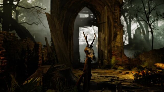 A dark and atmospheric setting features a skeletal figure with antlers standing amidst ruins in a dense forest. Shadows play across the ancient stonework under a fading light.