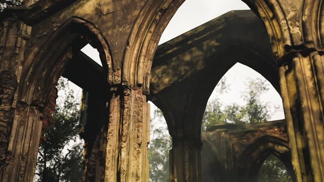 Crumbling stone arches stand amidst lush greenery, showcasing natures reclamation of the once grand structure. Sunlight filters through trees, enhancing the serene atmosphere.