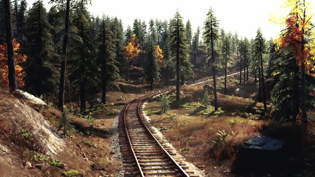 Railway track curves gently through a picturesque landscape filled with tall trees and vibrant autumn foliage, capturing the essence of a serene outdoor escape in nature.