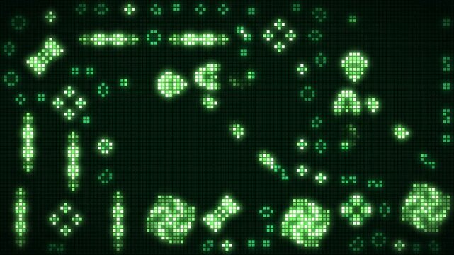 Cellular automaton pixel grid with Game of Life gliders and blinking oscillators, seamless loop in subtle lime tones