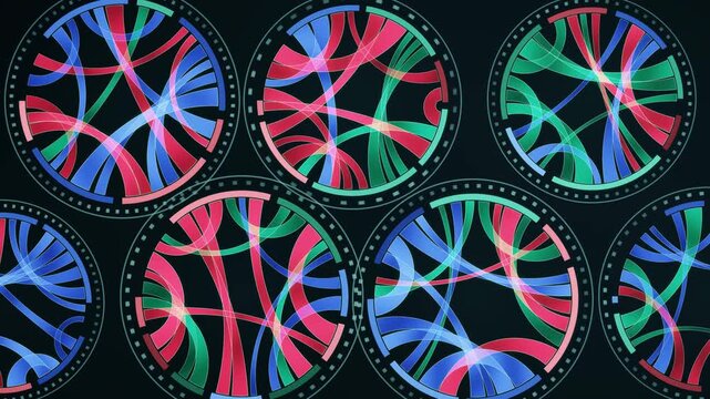 Abstract Chord Diagram Rings With Pulsing Connection Ribbons Data Visualization Seamless Loop in vibrant teal tones