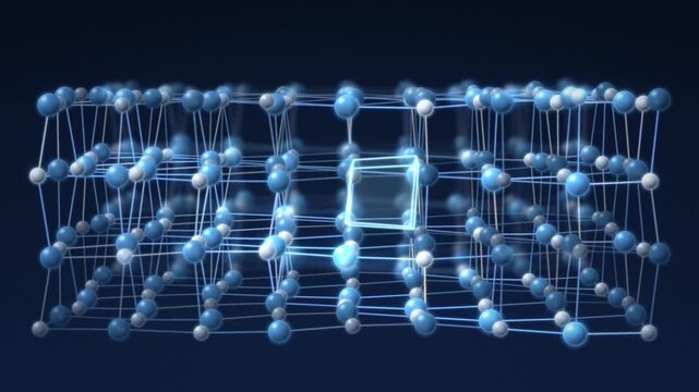 Rotating 3D atomic crystal lattice with vibrating atoms and molecular bonds, science visualization seamless loop in cool sapphire tones