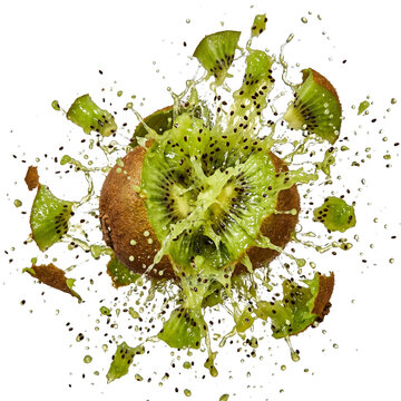 Exploding fresh kiwi fruit with green juice splash and flying slices isolated on white background fruit explosion kiwi slice kiwi pieces freshness