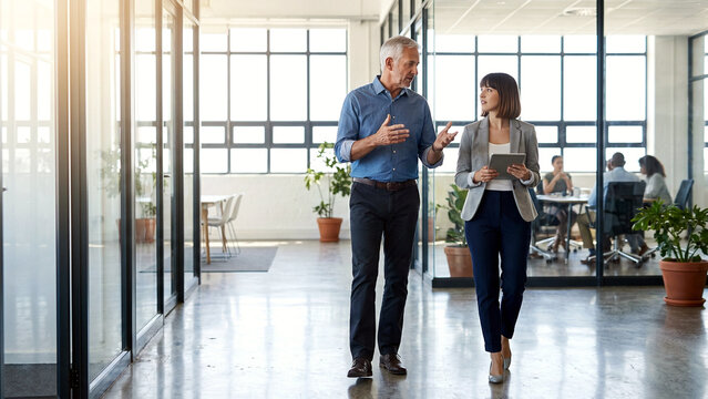Two colleagues walking and talking through a modern open plan office with glass partitions