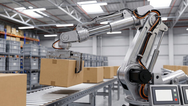 Robotic arm placing a cardboard box onto a conveyor in an automated warehouse