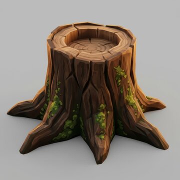 A stylized low-poly 3D tree stump, featuring textured bark, visible growth rings, spreading roots, and lush green moss. Perfect as a game asset or for fantasy nature designs.