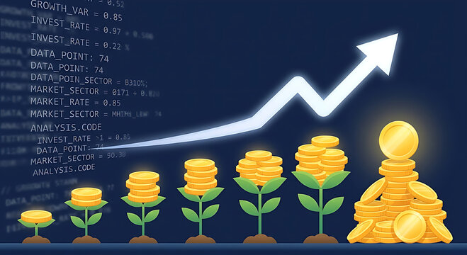 Financial growth illustrated by golden coins sprouting like plants against a dark blue digital code background