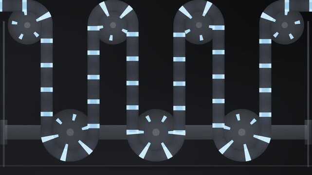 Festoon accumulator web loops breathing between roller banks, industrial process machine, seamless loop in subtle grey tones